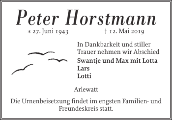 Traueranzeige von Peter Horstmann von Husumer Nachrichten
