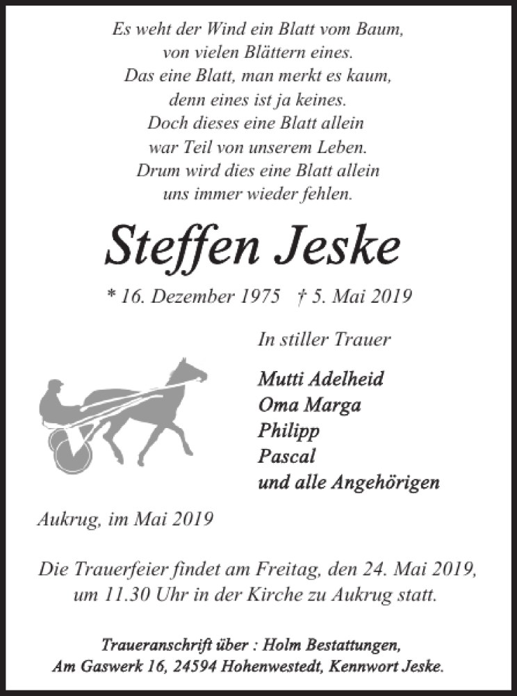  Traueranzeige für Steffen Jeske vom 21.05.2019 aus Landeszeitung