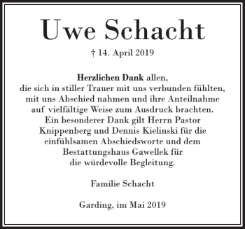 Traueranzeige von Uwe Schacht von Husumer Nachrichten