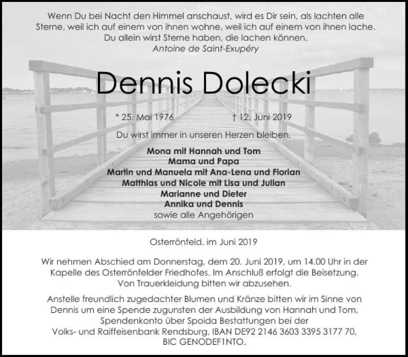  Traueranzeige für Dennis Dolecki vom 18.06.2019 aus Landeszeitung