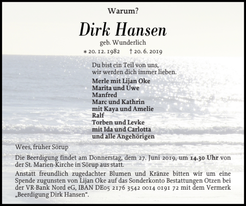  Traueranzeige für Dirk Hansen vom 25.06.2019 aus Flensburger Tageblatt