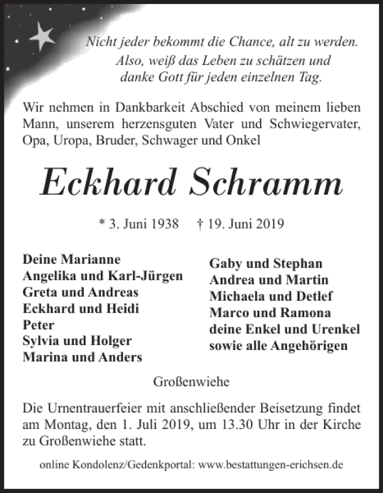  Traueranzeige für Eckhard Schramm vom 22.06.2019 aus Flensburger Tageblatt