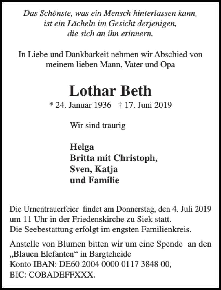  Traueranzeige für Lothar Beth vom 29.06.2019 aus Stormarner Tageblatt