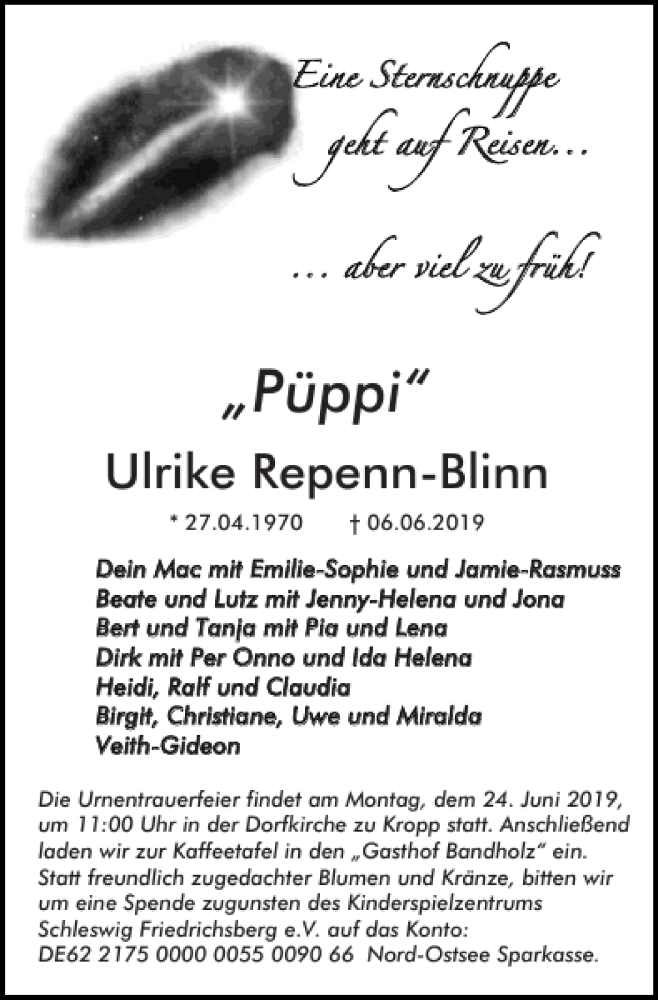  Traueranzeige für Püppi Ulrike Repenn-Blinn vom 15.06.2019 aus Landeszeitung