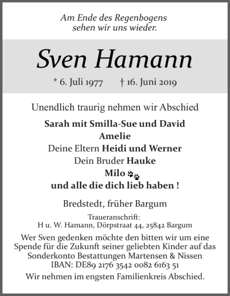  Traueranzeige für Sven Hamann vom 19.06.2019 aus Husumer Nachrichten