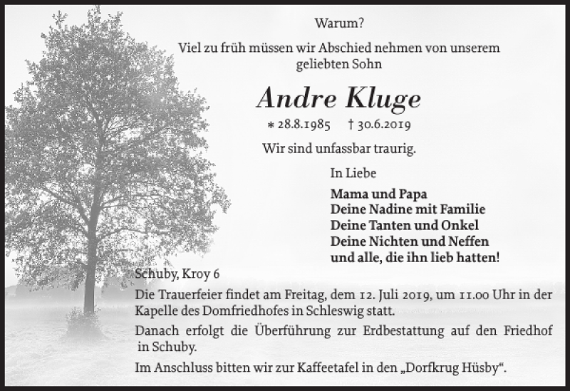  Traueranzeige für Andre Kluge vom 09.07.2019 aus Schleswiger Nachrichten