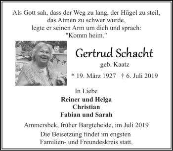 Traueranzeige von Gertrud Schacht von Stormarner Tageblatt