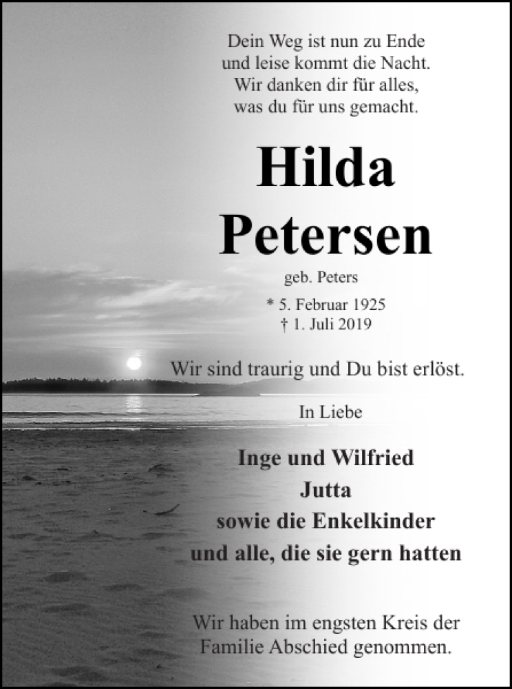  Traueranzeige für Hilda Petersen vom 13.07.2019 aus Eckernförder Zeitung