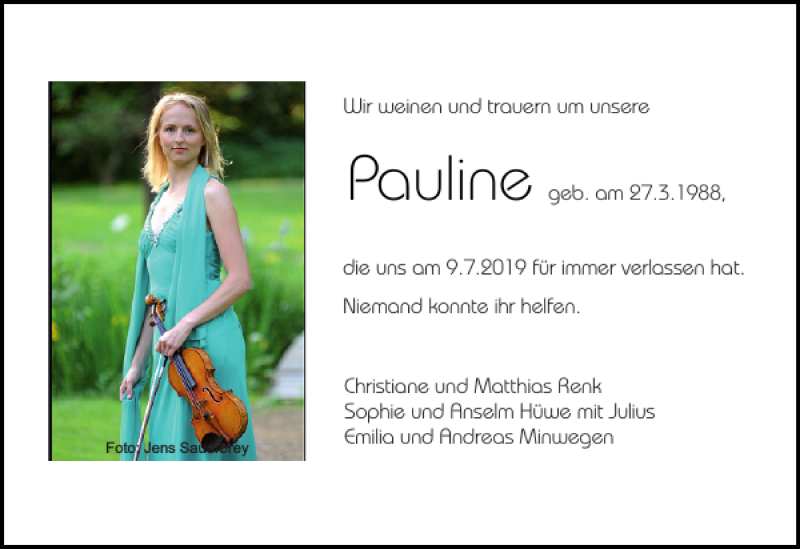  Traueranzeige für Pauline  vom 13.07.2019 aus Holsteinischer Courier
