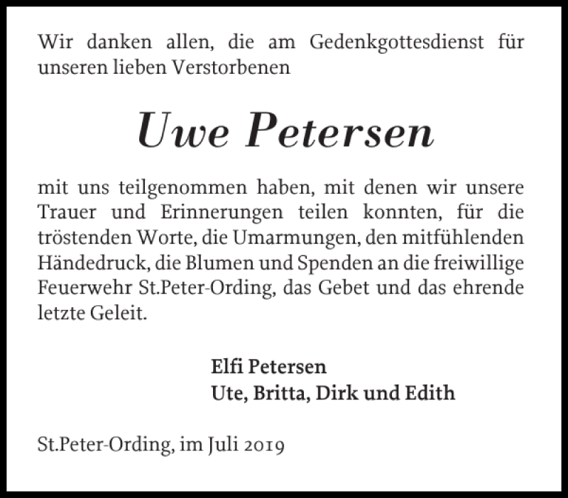 Traueranzeige für Uwe Petersen vom 06.07.2019 aus Husumer Nachrichten