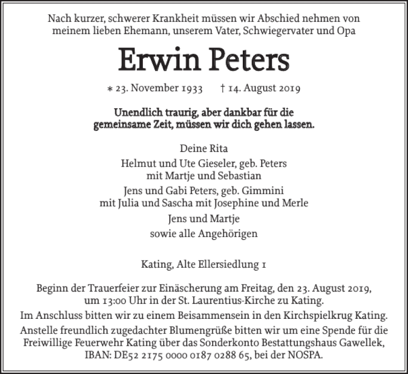  Traueranzeige für Erwin Peters vom 19.08.2019 aus Husumer Nachrichten