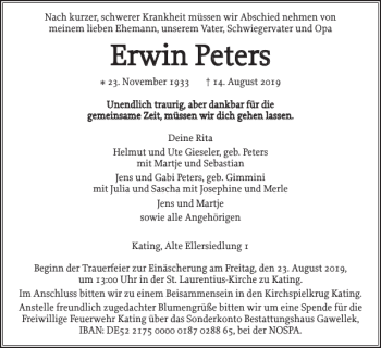 Traueranzeige von Erwin Peters von Husumer Nachrichten