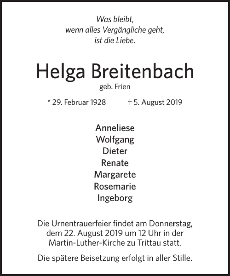  Traueranzeige für Helga Breitenbach vom 17.08.2019 aus Stormarner Tageblatt