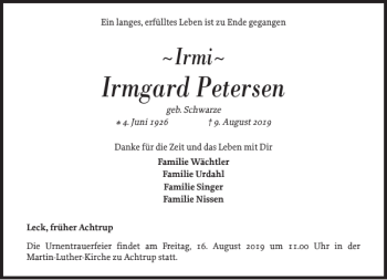 Traueranzeige von Irmgard Petersen von Nordfriesland Tageblatt