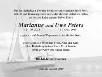 Traueranzeige von Marianne Uwe Peters von Der Insel-Bote
