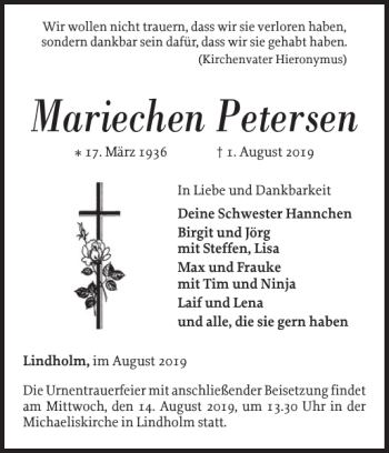 Traueranzeige von Mariechen Petersen von Nordfriesland Tageblatt