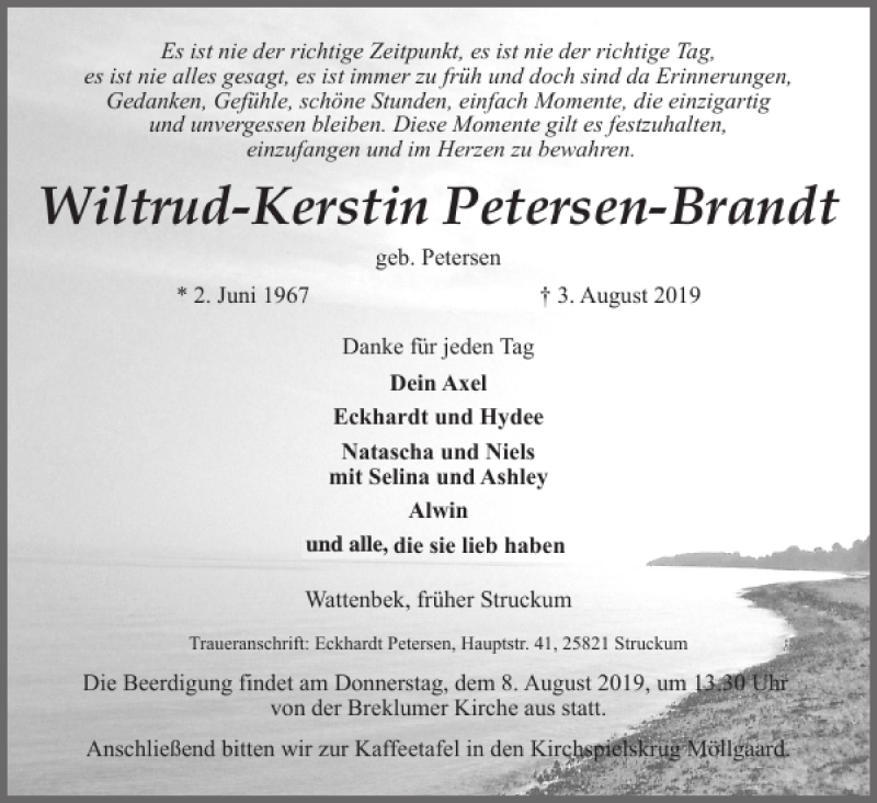  Traueranzeige für Wiltrud-Kerstin Petersen-Brandt vom 06.08.2019 aus Husumer Nachrichten
