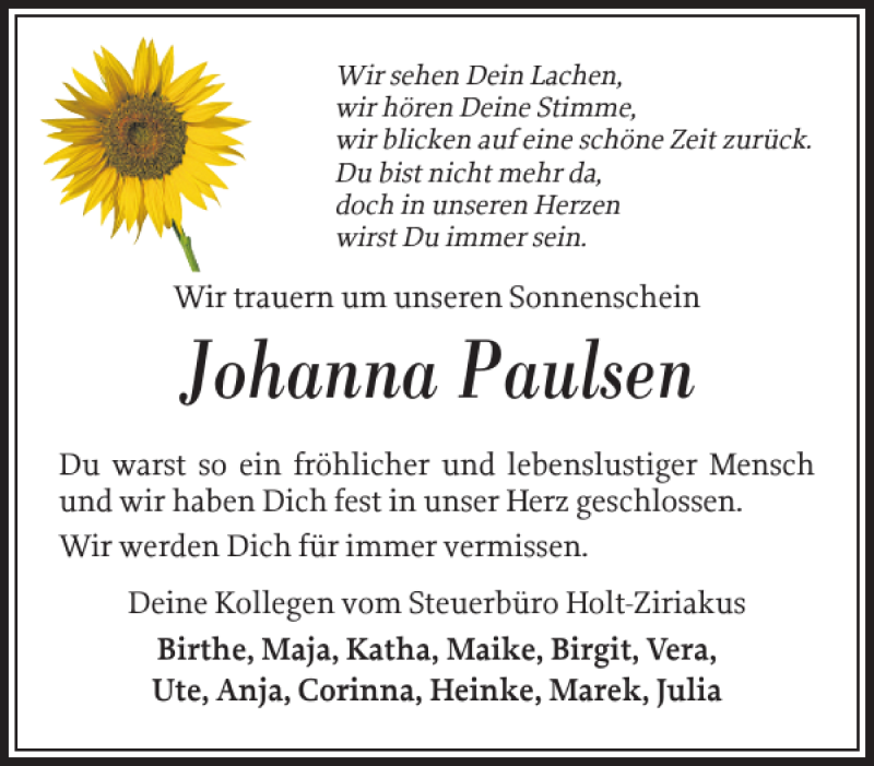  Traueranzeige für Johanna Marie Paulsen vom 06.09.2019 aus Husumer Nachrichten