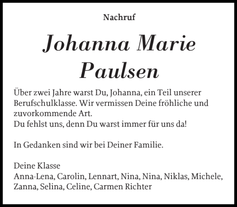  Traueranzeige für Johanna Marie Paulsen vom 10.09.2019 aus Husumer Nachrichten