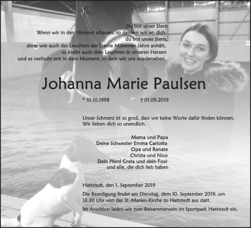  Traueranzeige für Johanna Marie Paulsen vom 05.09.2019 aus Husumer Nachrichten