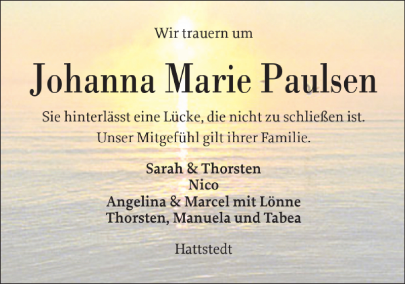  Traueranzeige für Johanna Marie Paulsen vom 06.09.2019 aus Husumer Nachrichten