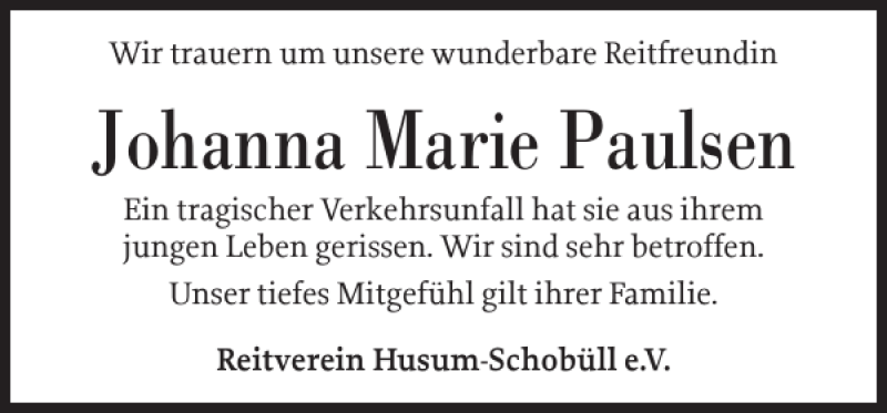  Traueranzeige für Johanna Marie Paulsen vom 07.09.2019 aus Husumer Nachrichten