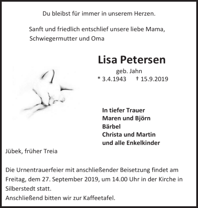  Traueranzeige für Lisa Petersen vom 21.09.2019 aus Schleswiger Nachrichten
