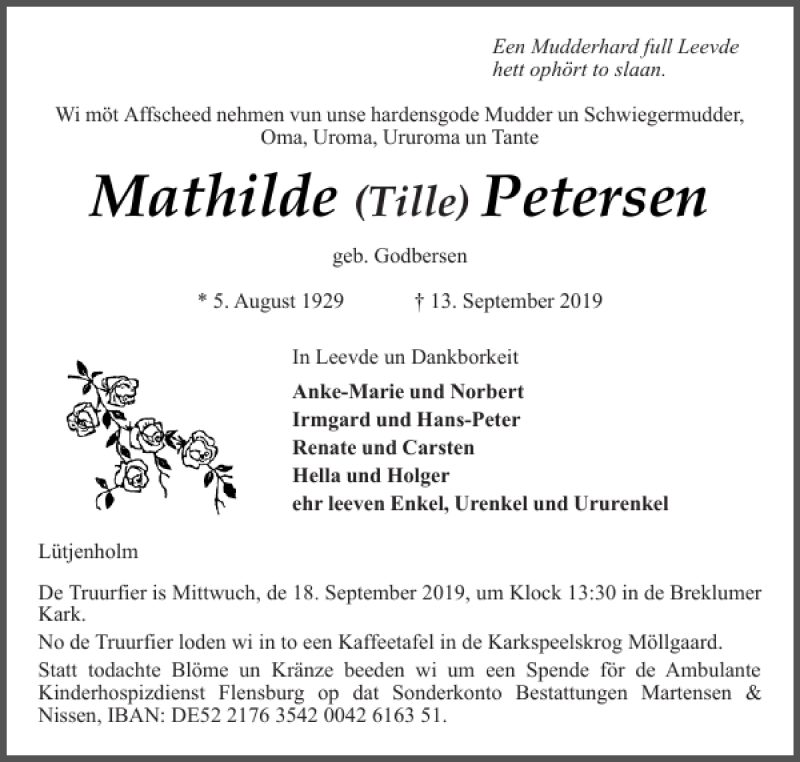  Traueranzeige für Mathilde Petersen vom 16.09.2019 aus Husumer Nachrichten