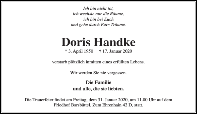  Traueranzeige für Doris Handke vom 25.01.2020 aus Stormarner Tageblatt