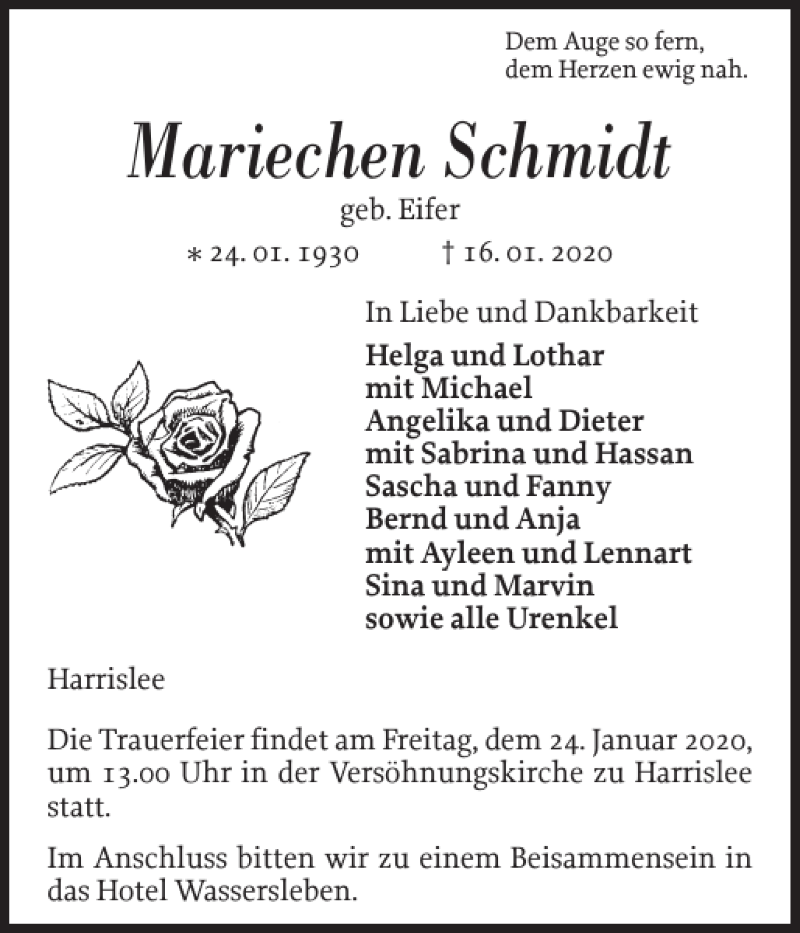  Traueranzeige für Mariechen Schmidt vom 22.01.2020 aus Flensburger Tageblatt