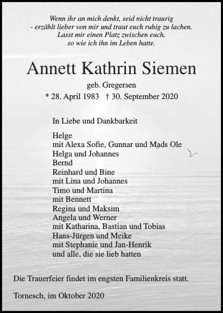  Traueranzeige für Annett Kathrin Siemen vom 07.10.2020 aus Flensburger Tageblatt