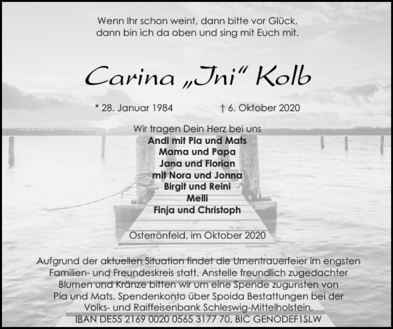  Traueranzeige für Carina Ini Kolb vom 12.10.2020 aus Landeszeitung