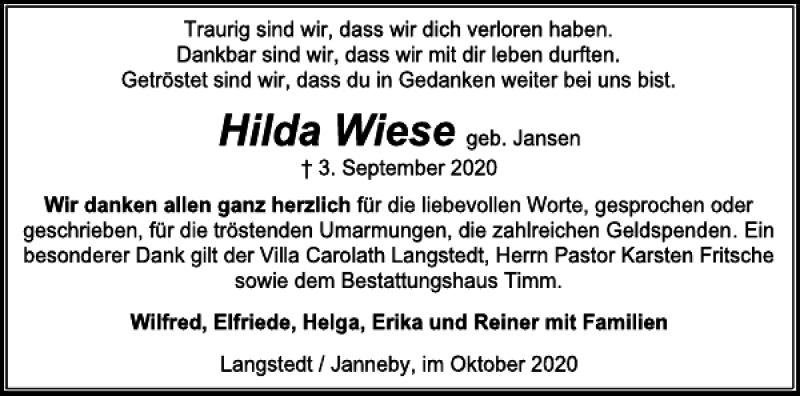  Traueranzeige für Hilda Wiese vom 10.10.2020 aus Flensburger Tageblatt