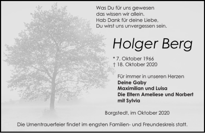  Traueranzeige für Holger Berg vom 24.10.2020 aus Landeszeitung