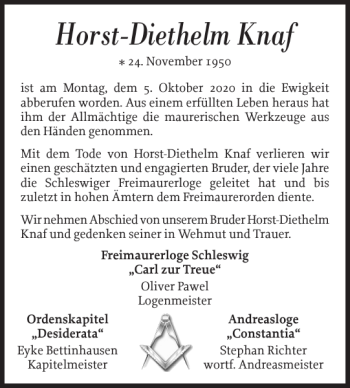 Traueranzeige von Horst-Diethelm Knaf von Schleswiger Nachrichten