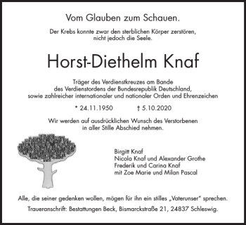 Traueranzeige von Horst-Diethelm Knaf von Schleswiger Nachrichten