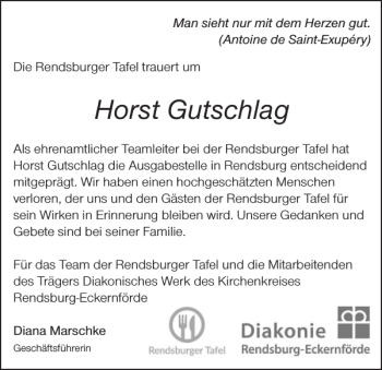Traueranzeige von Horst Gutschlag von Landeszeitung