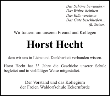 Traueranzeige von Horst Hecht von Eckernförder Zeitung