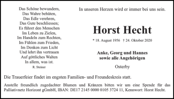 Traueranzeige von Horst Hecht von Eckernförder Zeitung
