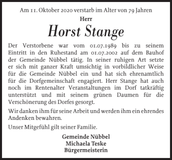 Traueranzeige von Horst Stange von Landeszeitung