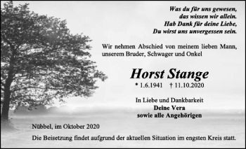 Traueranzeige von Horst Stange von Landeszeitung