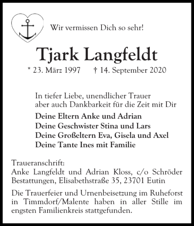  Traueranzeige für Tjark Langfeldt vom 10.10.2020 aus Ostholsteiner Anzeiger