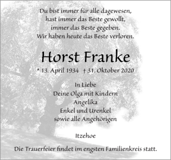 Traueranzeige von Horst Franke von Norddeutsche Rundschau