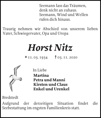 Traueranzeige von Horst Nitz von Husumer Nachrichten