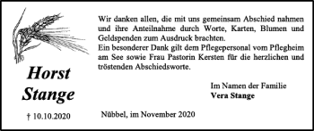 Traueranzeige von Horst Stange von Landeszeitung