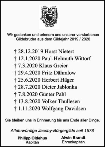 Traueranzeige von Horst Nietert Paul-Helmuth Wittorf von Holsteinischer Courier