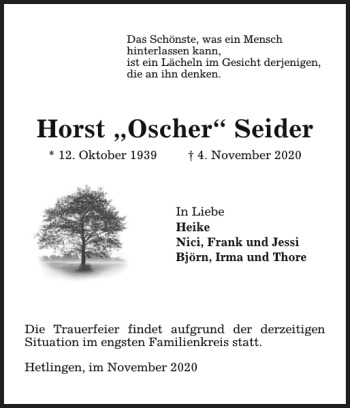 Traueranzeige von Horst Oscher Seider von Wedel-Schulauer Tageblatt
