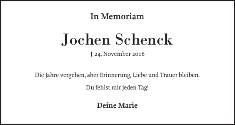  Traueranzeige für Jochen Schenck vom 21.11.2020 aus Elmshorner Nachrichten