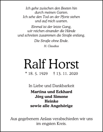 Traueranzeige von Ralf Horst von Landeszeitung