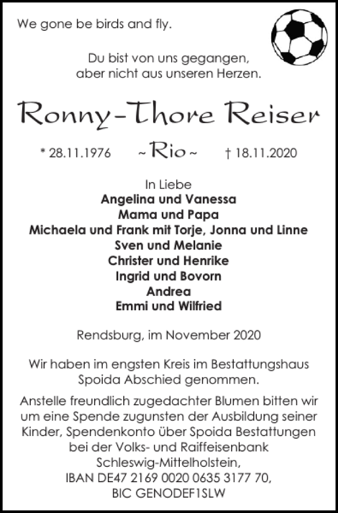  Traueranzeige für Ronny-Thore Reiser vom 28.11.2020 aus Landeszeitung